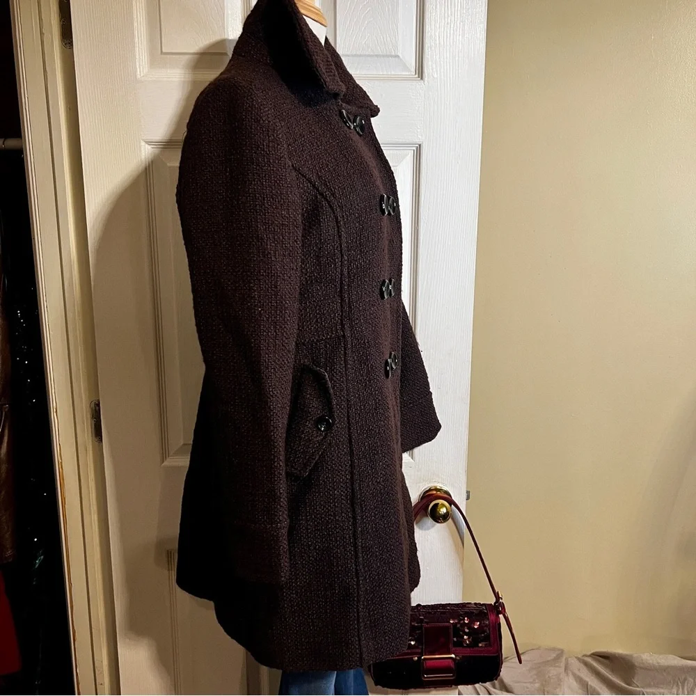 Old Navy Y2K Fall 2010 Chocolate Brown Wool Blend Tweed Boucle Midi Peacoat‎ L